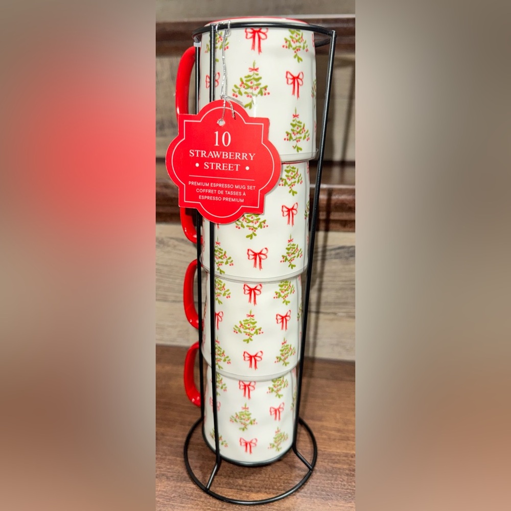 Cute 🥰 10 Strawberry Street Premium Espresso Mug Set with a holiday pattern.